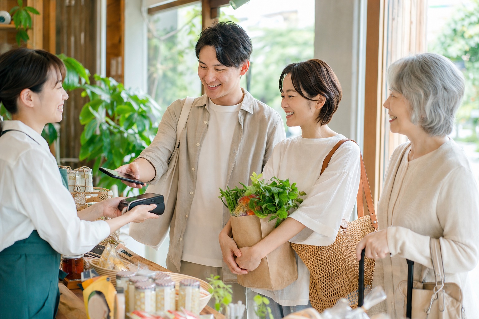 地域のお店でスマートフォンを使い、暮らしの優待サービスを利用する家族