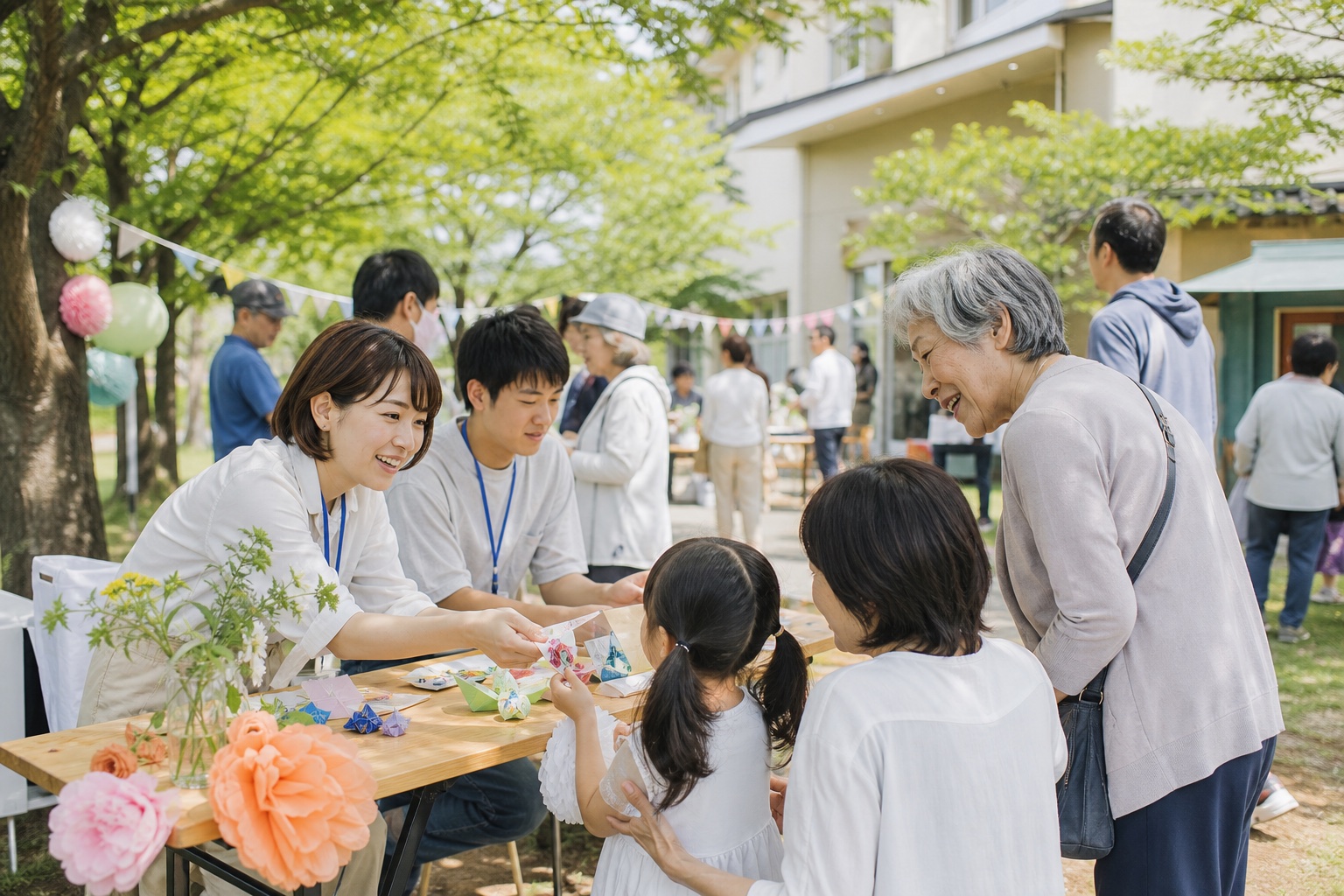 地域イベントで住民を迎える運営スタッフと参加する家族や高齢者の様子